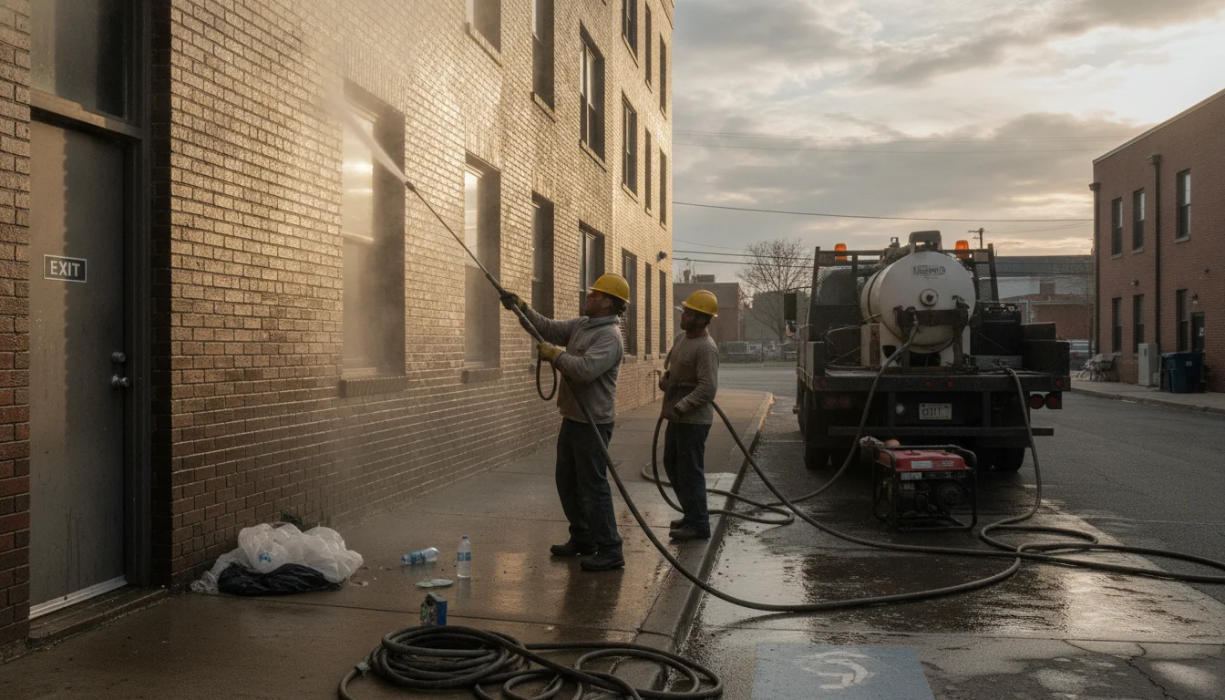 Hot-water pressure washing unit vented away from doors during commercial exterior cleaning in Lake Charles