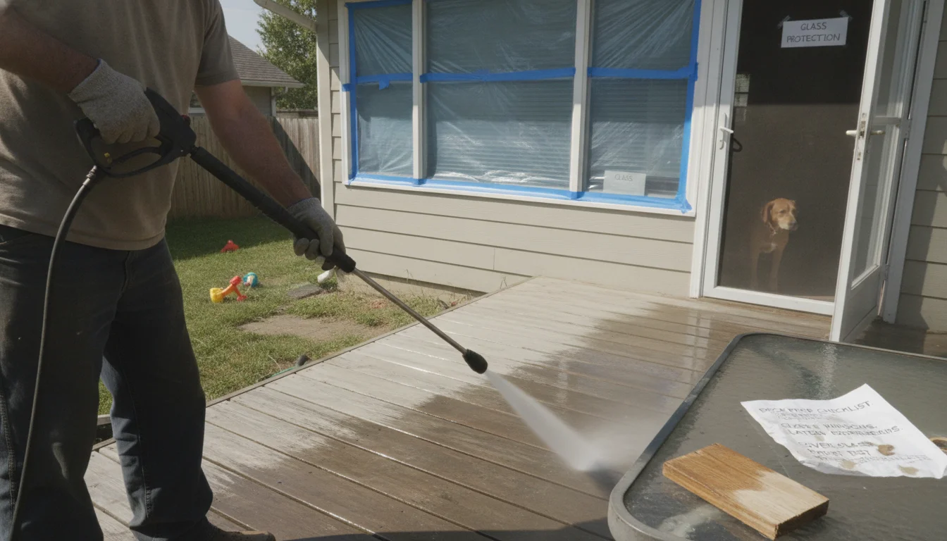Safe deck pressure washing tips for Lake Charles homes; protect wood and close windows before cleaning