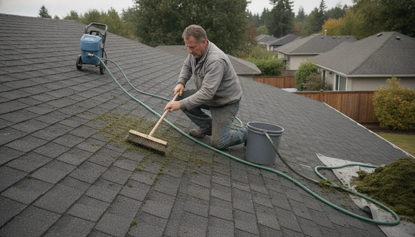 Soft-wash roof moss removal in Lake Charles by Lake Charles Pressure Washing