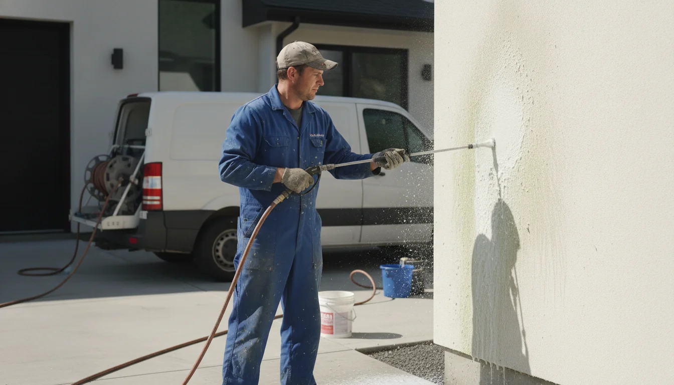 Soft washing stucco in Lake Charles, professional header image for a pressure washing blog